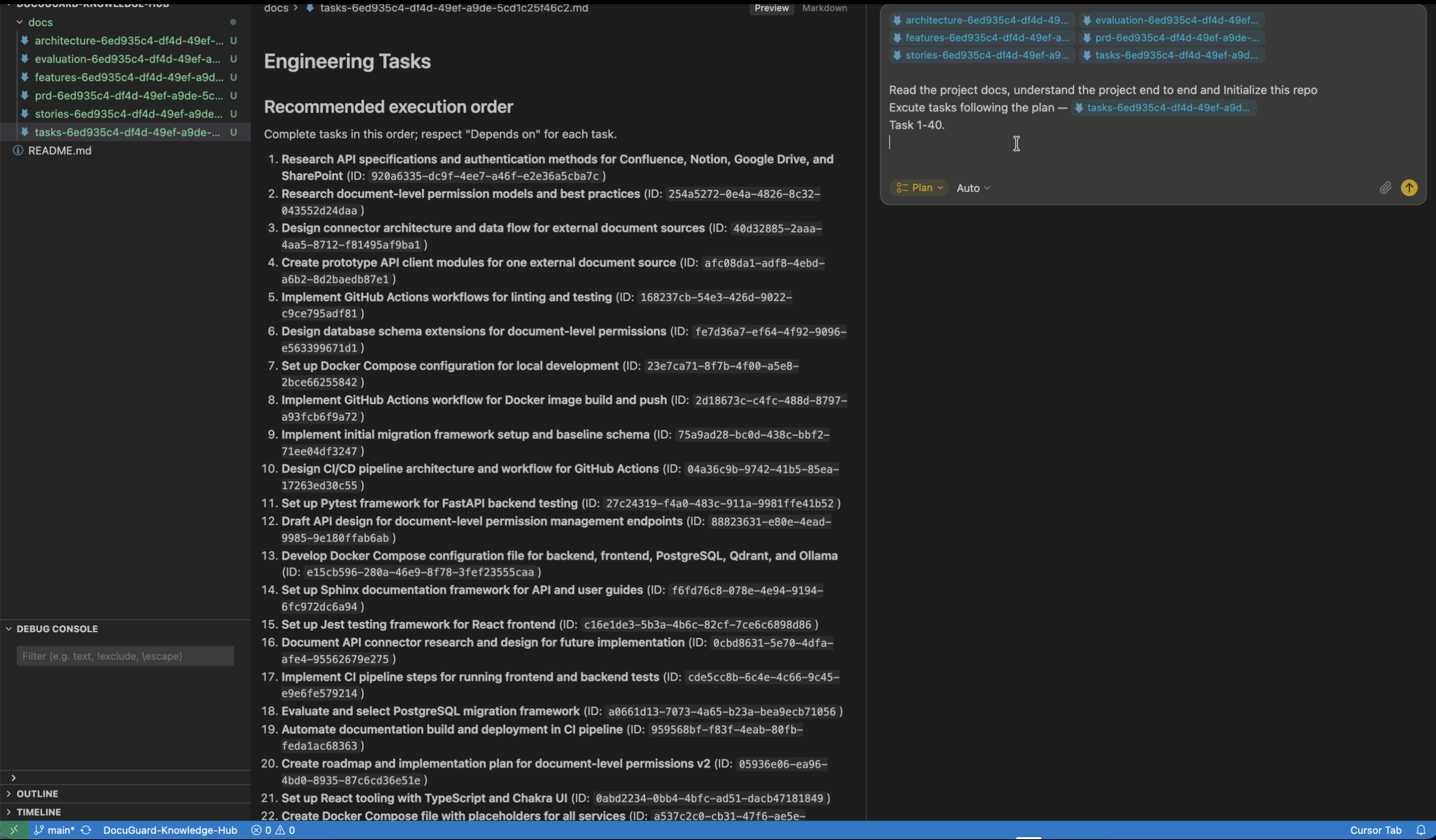 Cursor chat referencing FLOWiGANTT architecture and PRD Markdown files with @