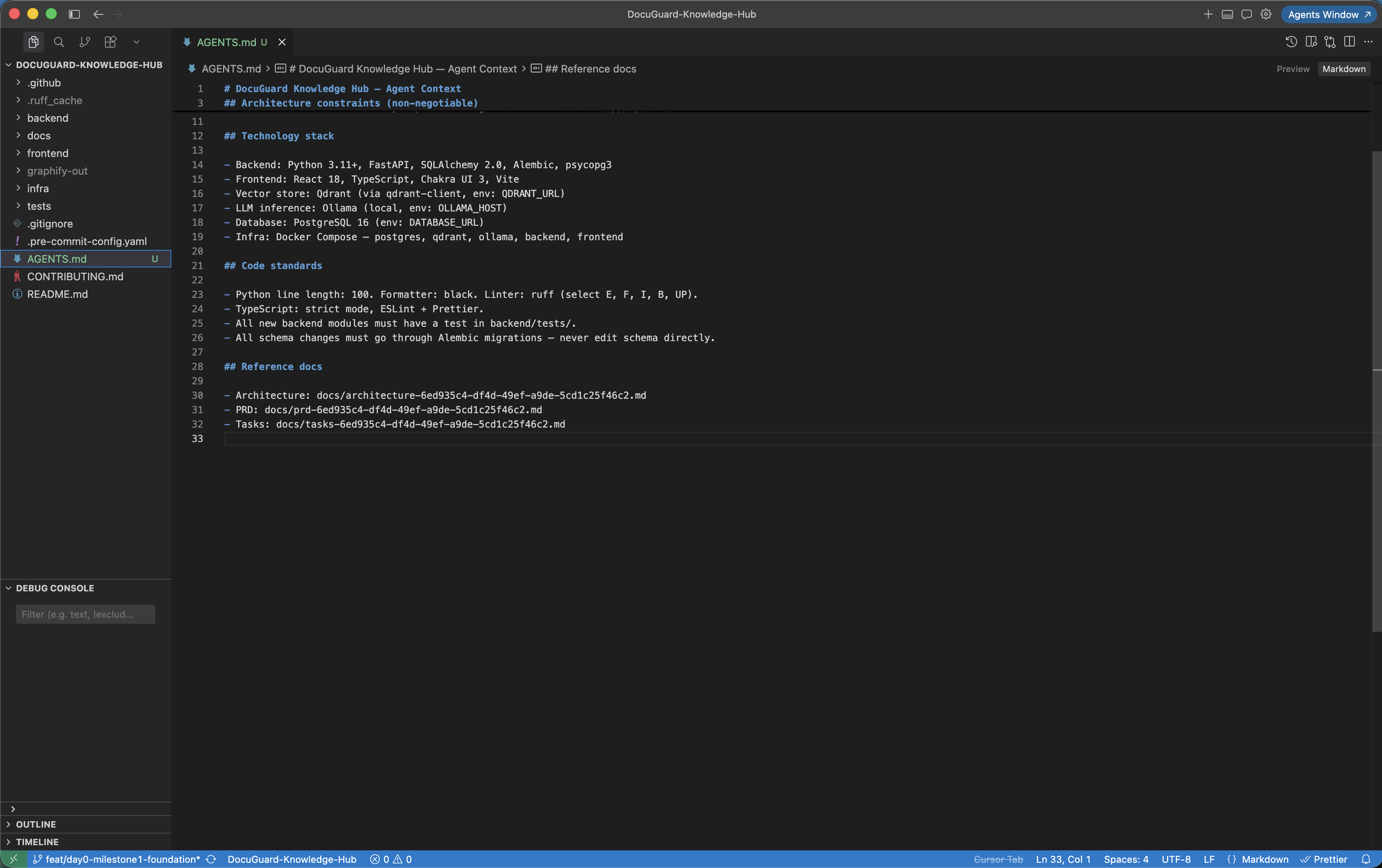 AGENTS.md file at repo root showing stack constraints, hard rules, and reference paths distilled from FLOWiGANTT architecture doc