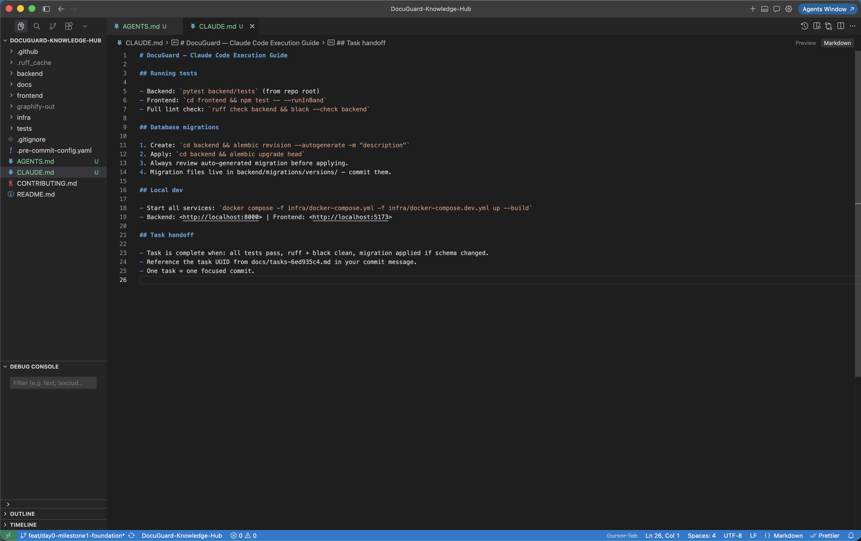CLAUDE.md showing execution workflow instructions including test commands, migration steps, and task handoff format